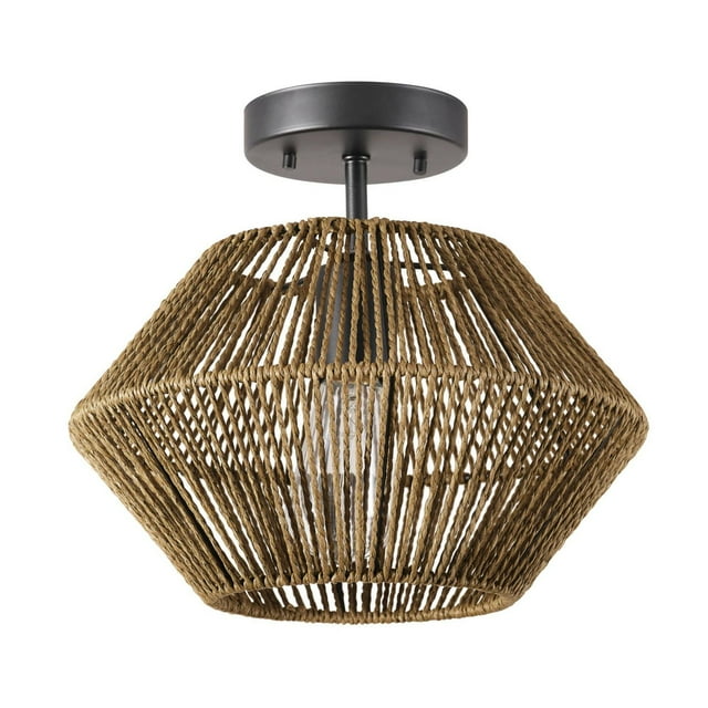 Terra 1-Light Flush Mount Ceiling Light, Matte Black, Natural Twine Shade