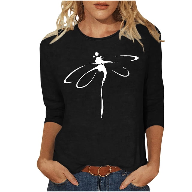 Pompotops T-shirt Ample Imprimé pour Femme, Blouse Mi-Longue à Manches 3/4, Col Rond, Hauts Décontractés, Liquidation