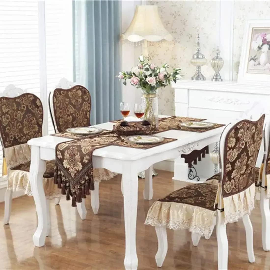 CHUNTIAN French Country Luxury Floral Pattern Table Runner with Beads Tassels Kitchen Decor Silk Blend Tea Table Table Runners (Beige,13" W x 89" L)