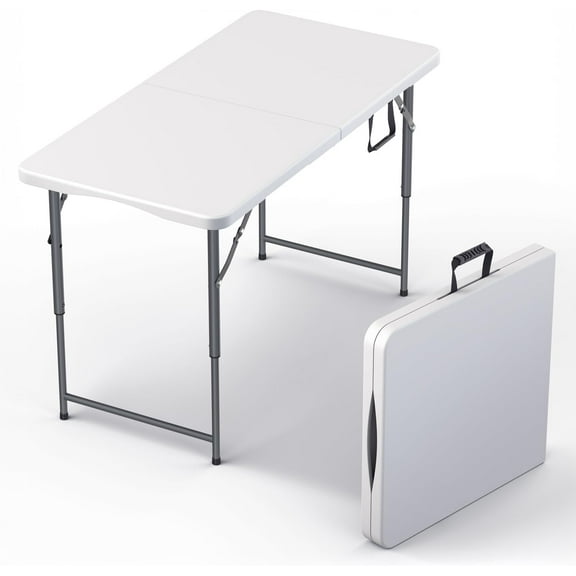 DJDG 4FT Folding Table, Indoor Outdoor Heavy Duty Table with Carrying Handle,Placstic Fold up Table for Picnic, Party, Camping,Office - White
