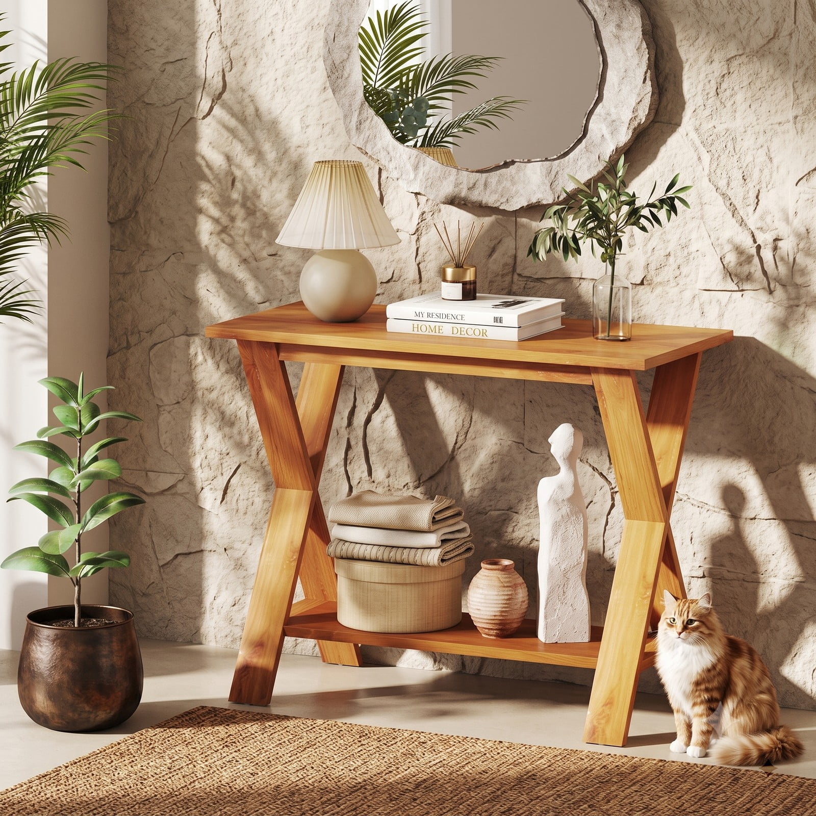Furnibear 35 Inch Solid Teak Wood Console Table with Open Storage Shelf and X-Shaped Legs for Entryway and Living Room, Natural