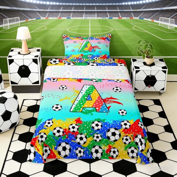 Erosebridal Letter A Teal Gradient Soccer Ball Print Twin Sheet Sets, Sports Monogram Bedding for Kids Boys and Girls, 1 Flat Sheet, 1 Fitted Sheet and 1 Pillowcase