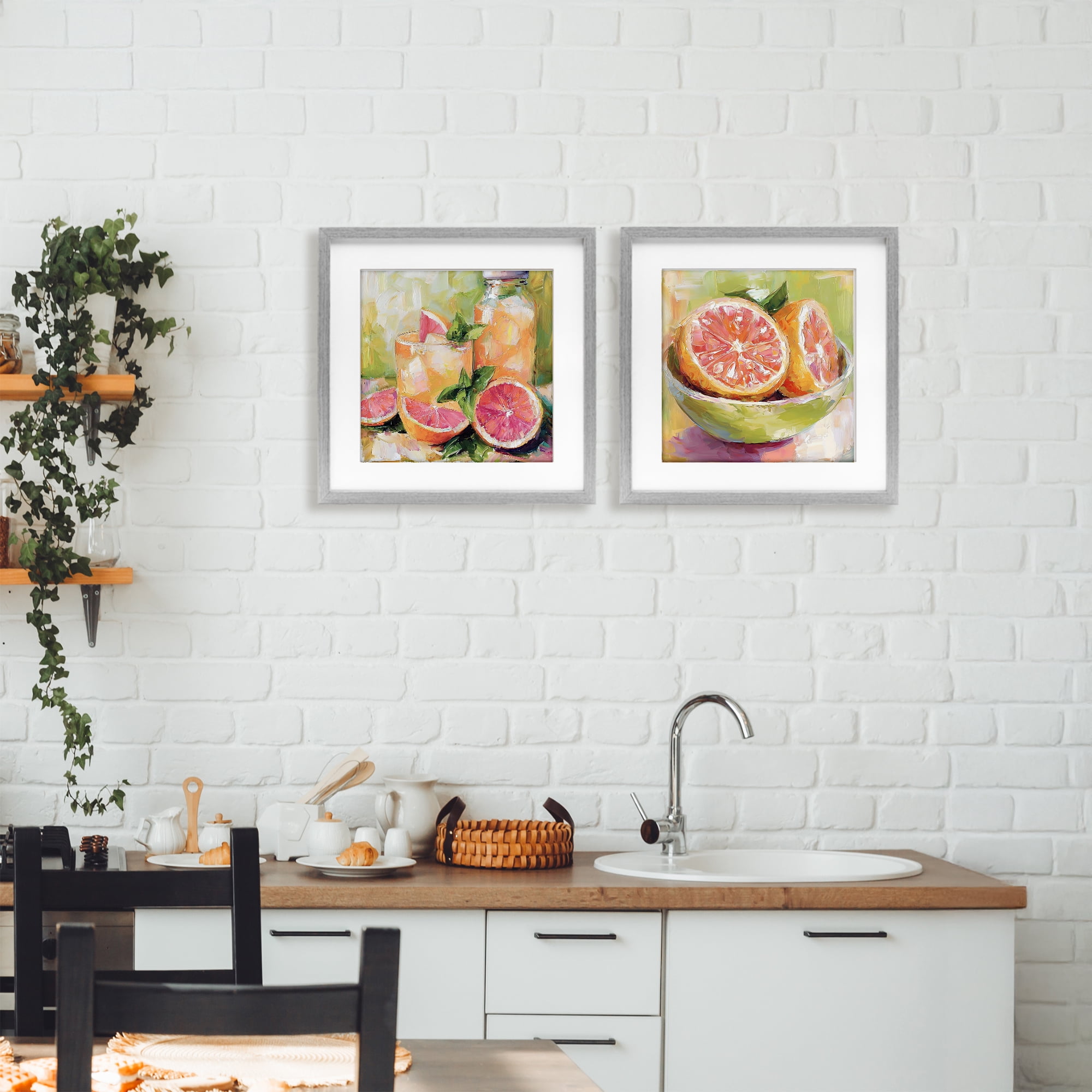 Stupell Industries Grapefruit Drinks & Fruits 2 Piece Gray Framed Print Under Glass Set, design by Riley B