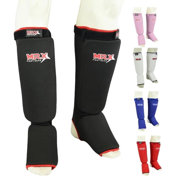 MRX BOXING & FITNESS Muay Thai Shin Guards Kick Boxing Leg & Foot Protector Pad MMA Shin Guard Extra Padding for Men or Women (Black, S/M)