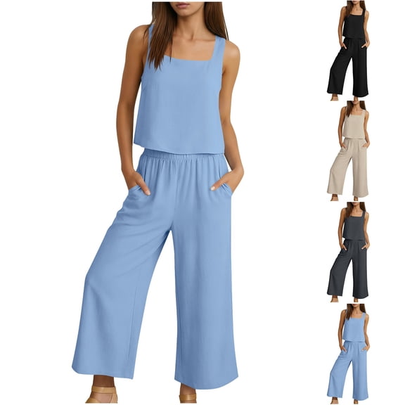 Fewfanhot Women's Clothing Sleeveless Crop Top with Button & 7/8 Wide Leg Pants Set, Casual Two Piece Outfit, Comfortable Lounge Wear Set