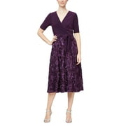 Alex Evenings Tea-Length Dress with Rosette Lace (Womens, Eggplant, 12)