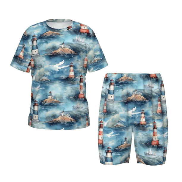 Balery Sea Marine And Lighthouse Conjunto de Pijama Infantil de Manga Corta con Estampado – Ropa de Dormir de Algodón Suave-3X-Large