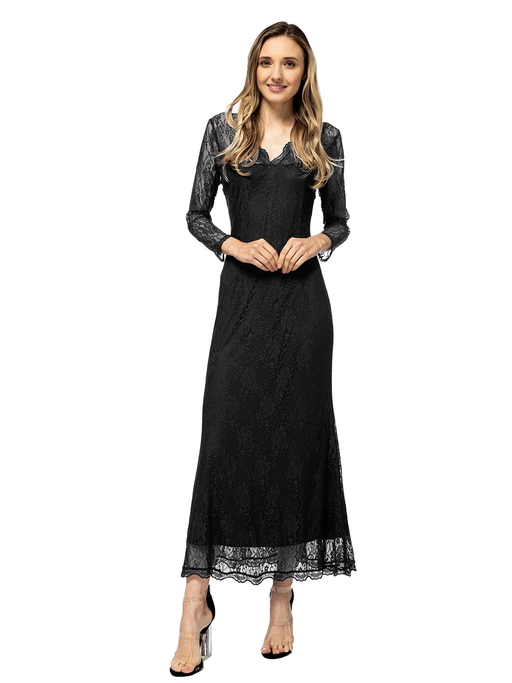 Women's Floral Lace Long Sleeve Maxi Evening Gown Bridal Gothic Wedding Dress