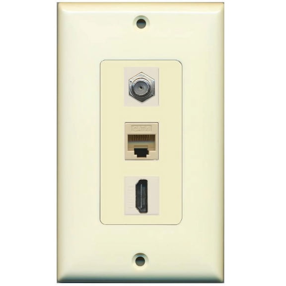 RiteAV Decorative 1 Gang Wall Plate (Light Almond/Light Almond) 3 Port - Coax (Ivory) Cat6 (Ivory) HDMI (Ivory)