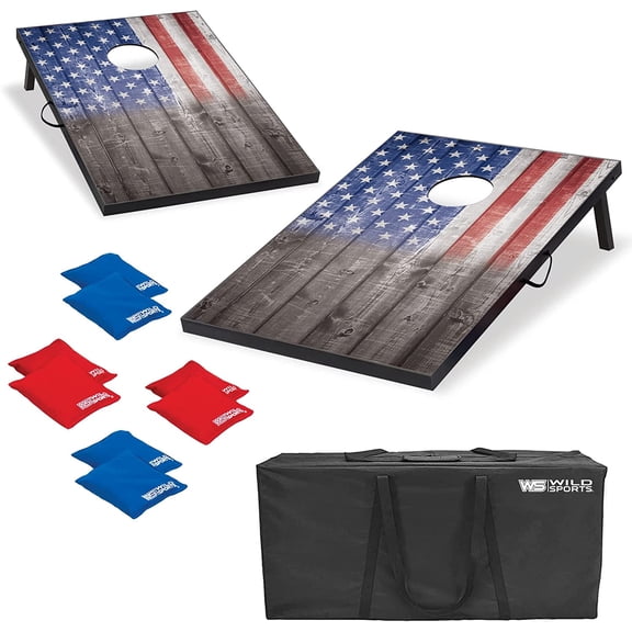 Wild Sports 2'x3' Cornhole Outdoor Game Set, USA Flag or Natural Wood Options with Carry Bag Included