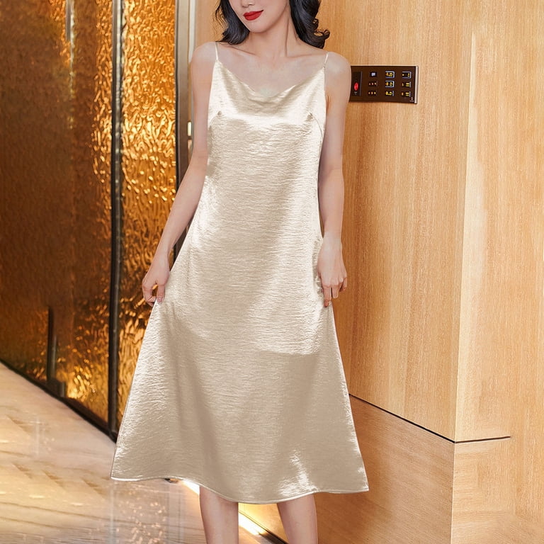 Smihono Women Spaghetti Strap Midi Satin Silk Slip Dress Sexy Cowl Neck Party Cocktail Dresses Sling Backless Mermaid Dress Rose Gold XXL