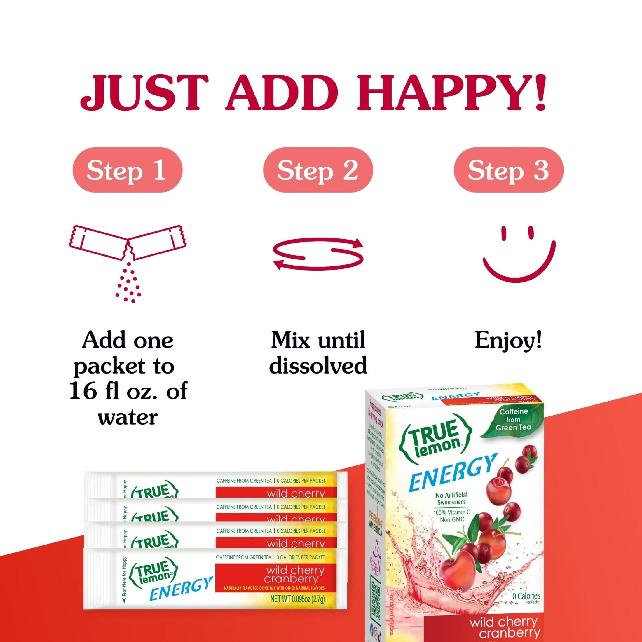 (3 pack) True Lemon Wild Cherry Cranberry Energy Drink Mix Powder, No Artificial Sweeteners, 6 Count