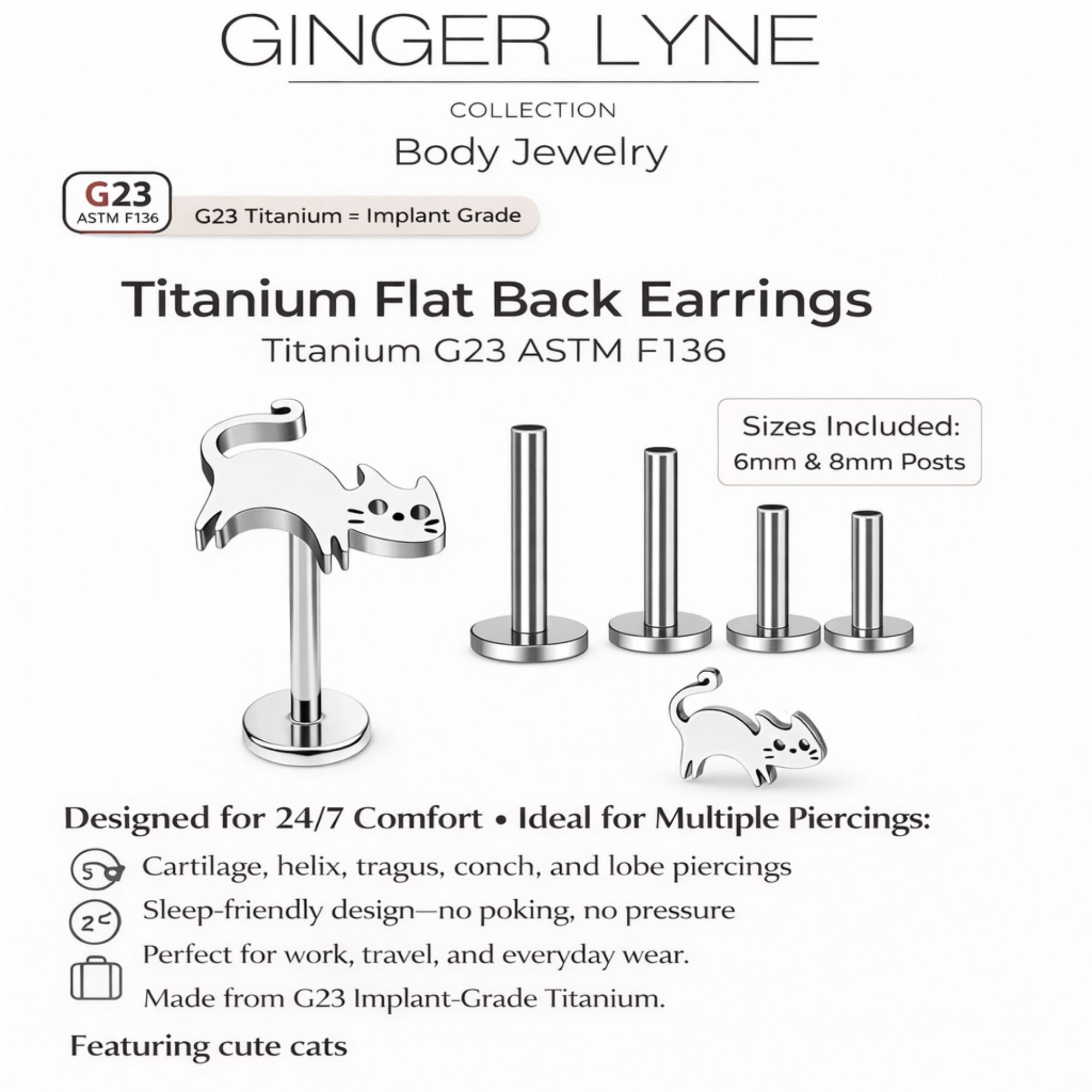 Kitty Cat Titanium Flat Back Stud Earrings Stud Titanium Body Piercings by Ginger Lyne 2 Sets Post 6mm 8mm