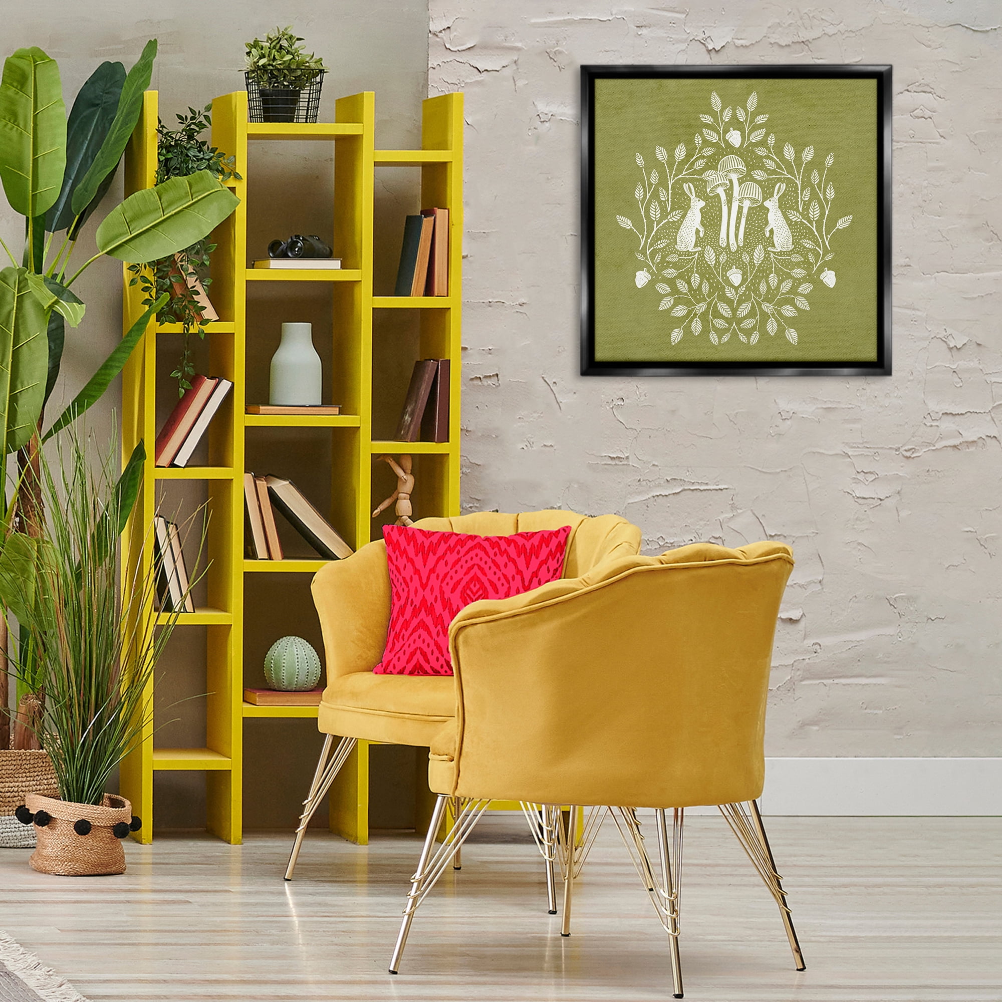 Stupell Industries Olive Green Botanical Rabbits Plants & Flowers Painting Black Floater Framed Canvas Art Print Wall Art, 25 x 25