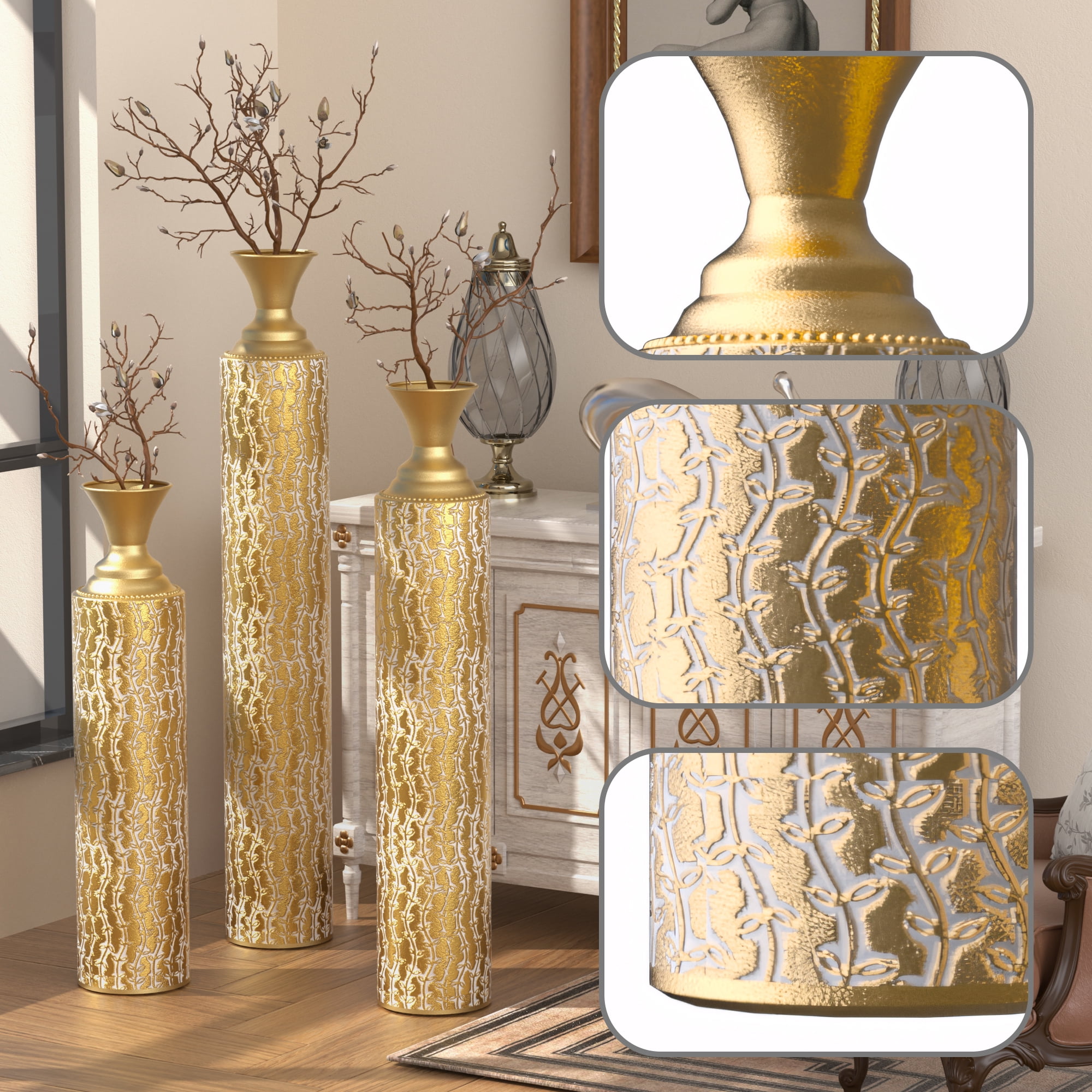 Aukfa Tall Floor Vase for Flowers,Set of 3 Large Metal Glazed Vase,25"/29"/34",Gold