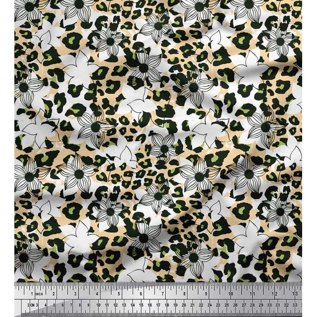 Soimoi Green polyester Crepe Fabric Floral & Leopard Animal Skin Print Fabric by Yard 52 Inch Wide