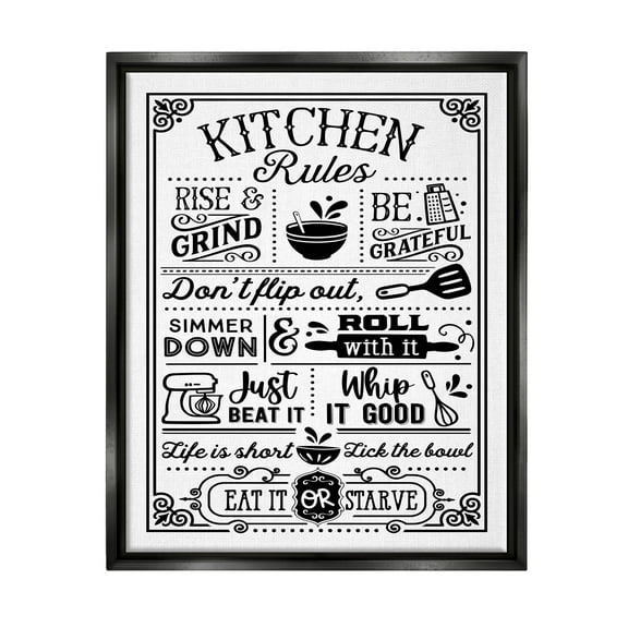 Stupell Industries Witty Kitchen Rules Vintage Border Motif Typography Graphic Art Jet Black Floating Framed Canvas Print Wall Art, Design by Lettered and Lined