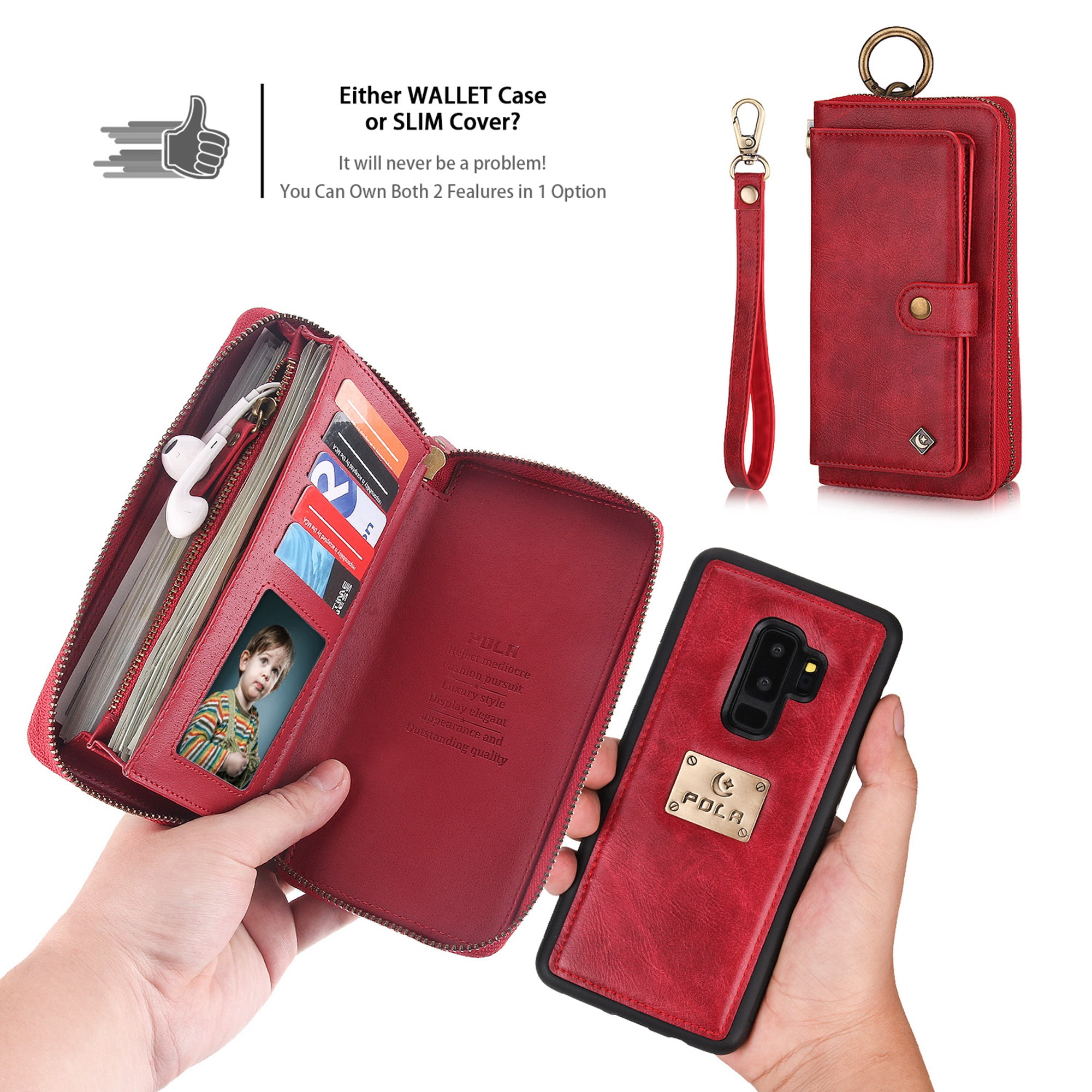 Galaxy S9 Plus Wallet Detachable Case, Dteck [wrist band][14 Card Slots] Zipper Purse Phone Case Multi-functional Folio Flip PU Leather Removable Magnetic Back Cover For Samsung Galaxy S9+,Red