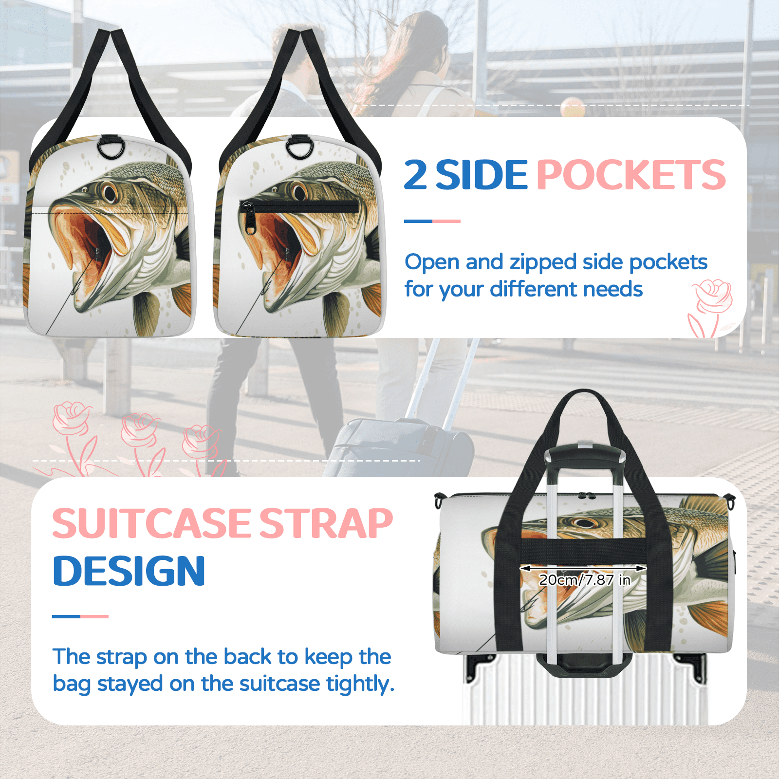 Herdesigns Fish Gym Bag for Women, Funny Fishes Duffle Bag for Travel Sport, Lightweight Waterproof Carry on Weekender Overnight Dance Yoga Workout Bags