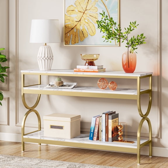 Finmind Modern 3 Tiers Console Table, 55 inch Faux Marble Sofa Entryway Tables with Storage Shelves for Living Room, Hallway and Foyer, White & Gold