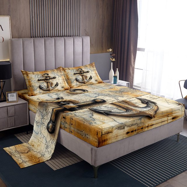 Erosebridal Vintage Anchor World Map Sheet Set Full, Nautical Theme Bedding Sets Full Size, Brown 4 Pieces