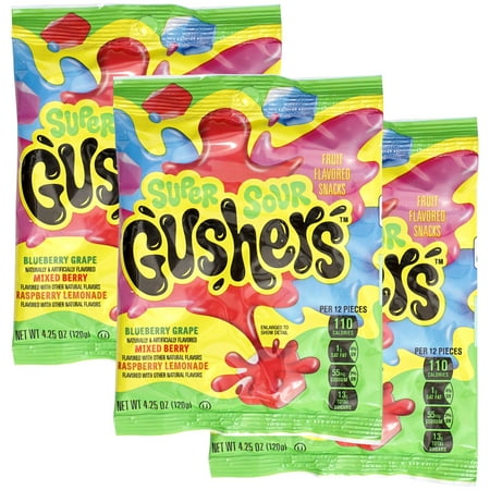Super Sour Gushers Fruit Flavored MDA05 Snack Packs, 3 Pack (4.25oz Each Bag), Blueberry Grape, Mixed Berry & Raspberry Lemonade Flavor