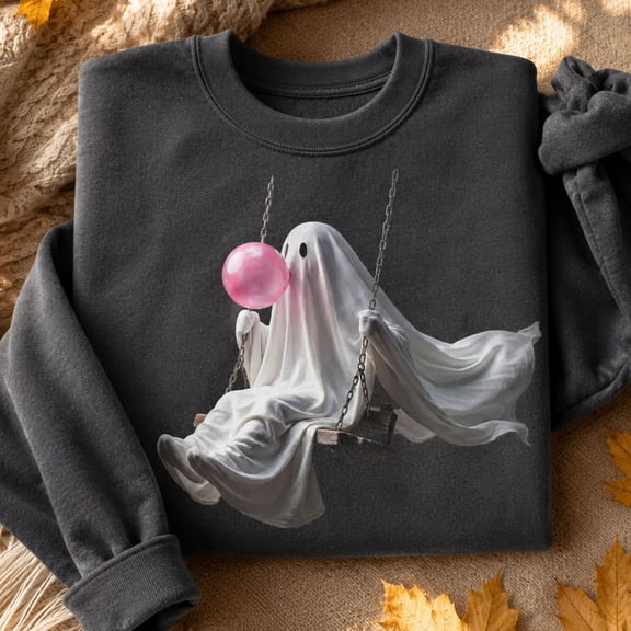 Halloween Shirt, Bubblegum Ghost on Swing Sweatshirt, Cute Spooky Spirit Hoodie, Funny Halloween T-Shirt, Ghost Lover Gift for Women