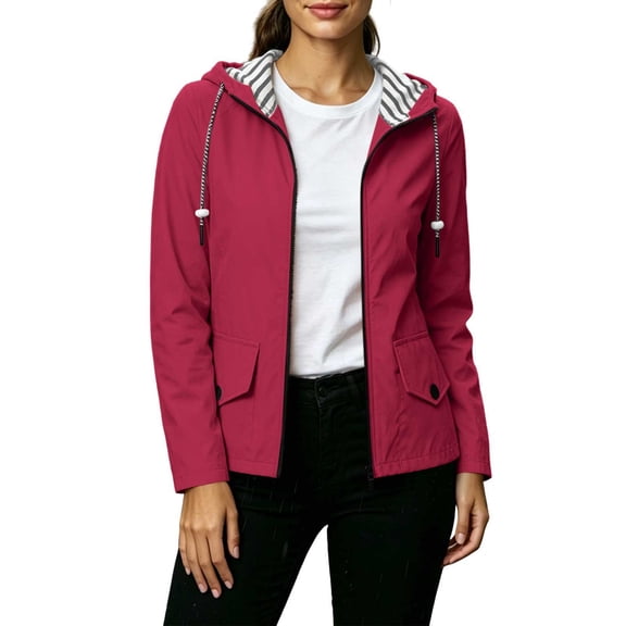Lmueinov Womens Striped Lined Waterproof Hooded Windbreaker Jacket Zip Oxford Cloth Casual Outerwear with Pocket for Fall Winter Outdoor Hiking Daily Wear