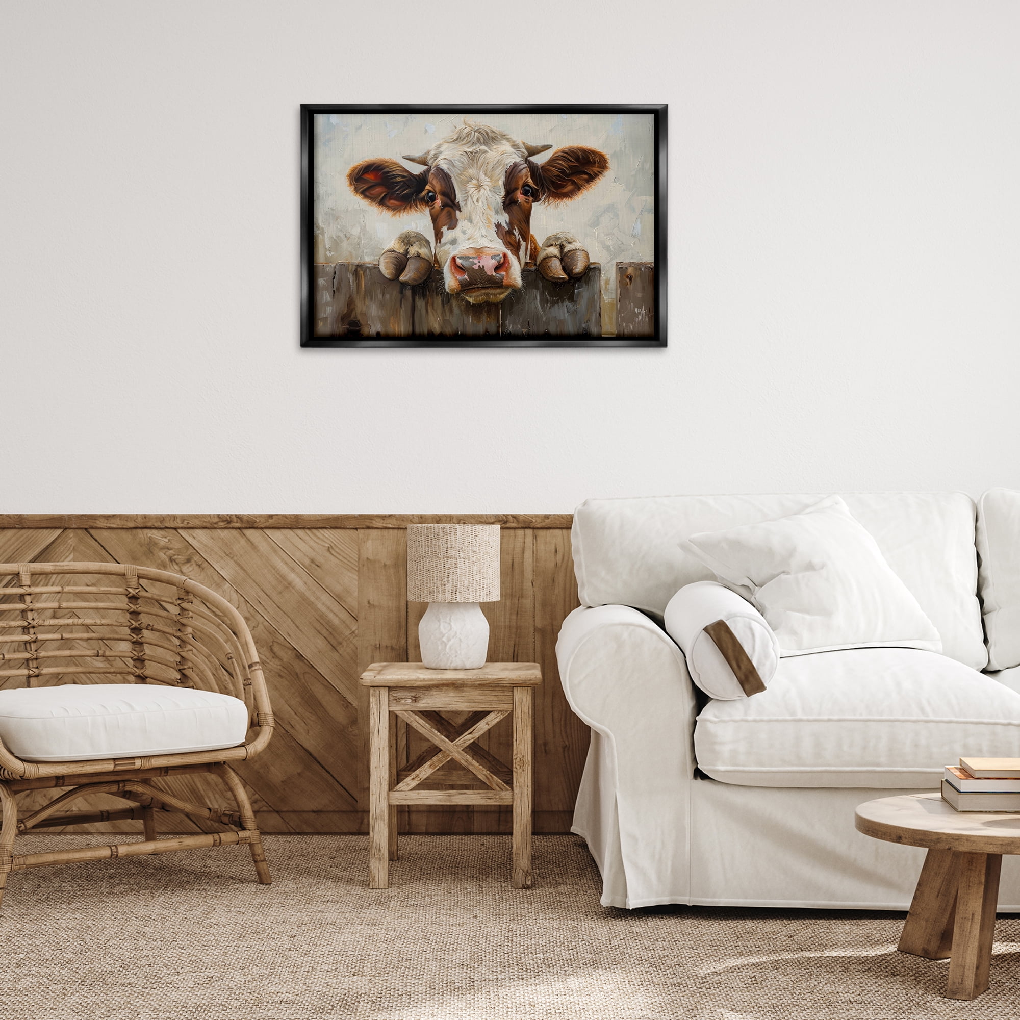 Stupell Industries Cow On Fence Animals & Insects Painting Black Floater Framed Canvas Art Print Wall Art, 31 x 21