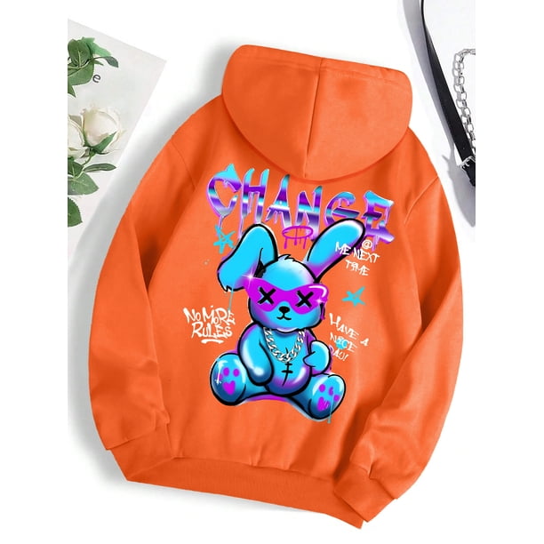 Sudadera con capucha con estampado de dibujos animados de conejo para mujer, Jersey informal de cuello redondo, ropa de gran tamaño, moda urbana que combina con todo
