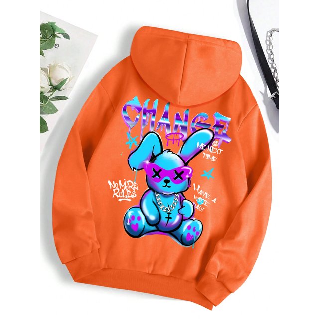 Sudadera con capucha con estampado de dibujos animados de conejo para mujer, Jersey informal de cuello redondo, ropa de gran tamaño, moda urbana que combina con todo