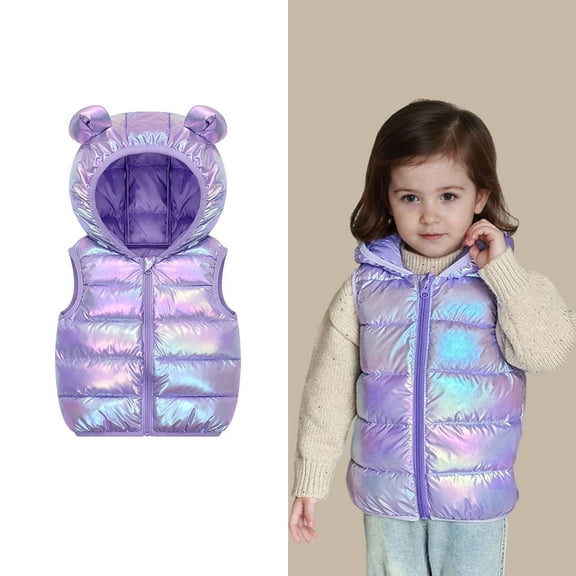 Toddler Girls Puffer Vest Hooded Jacket Purple Down Vest Zip up Lightweight Sleeveless Bear Ears down Jacket Boys Vests 3-4 Years
