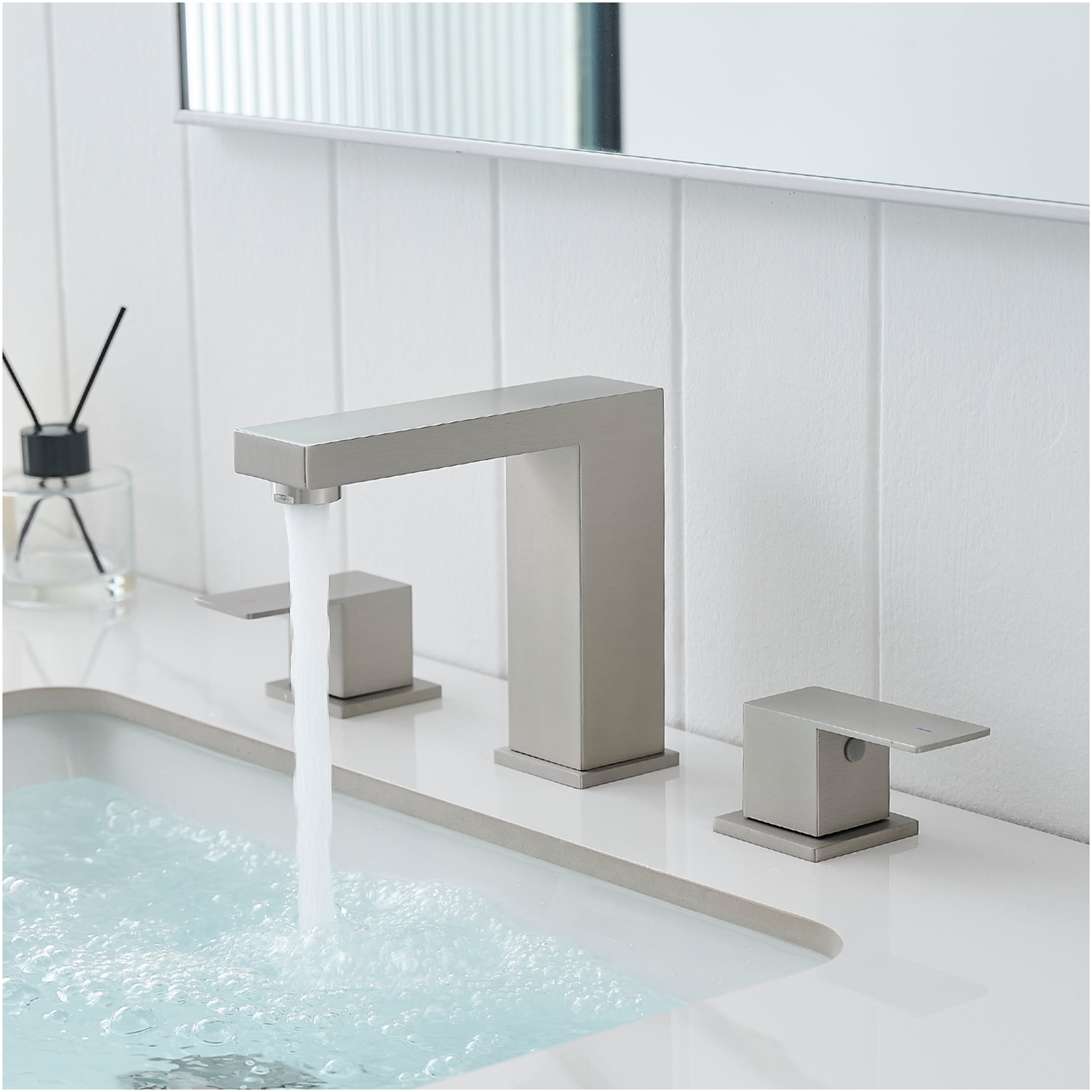 JERFIT 8-inch Widespread Bathroom Faucet, Brushed Nickel 3-Hole Vanity Sink Faucet with Double Lever Handles and Quick-Connect Hose