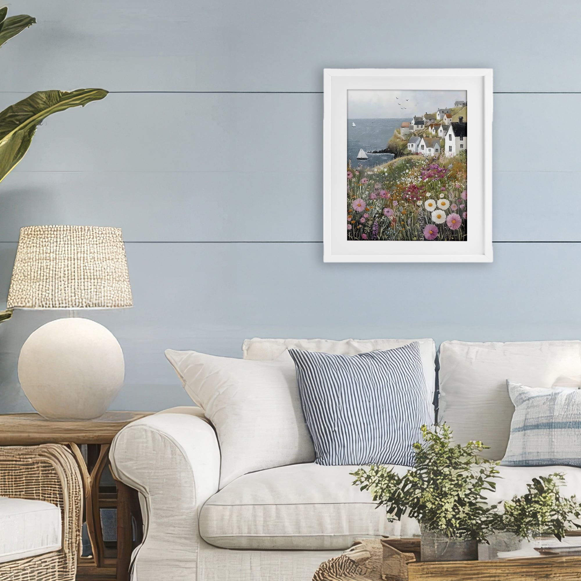 Stupell Industries Pink Meadow Overlooking Sailboats White Framed Print Under Glass, design by Riley B