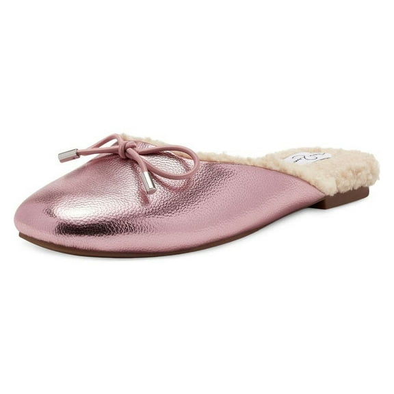 Jessica Simpson Tracee Metallic Pink Cozy Fur Round Toe Slip On Flat Slippers (META PINK, 7.5)
