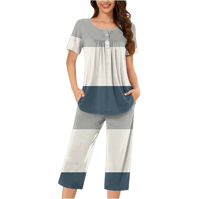 Timegard Womens Pajamas Sets Notched V Neck Button Short Sleeve Tee Capri Pants Gradient Color Outfits
