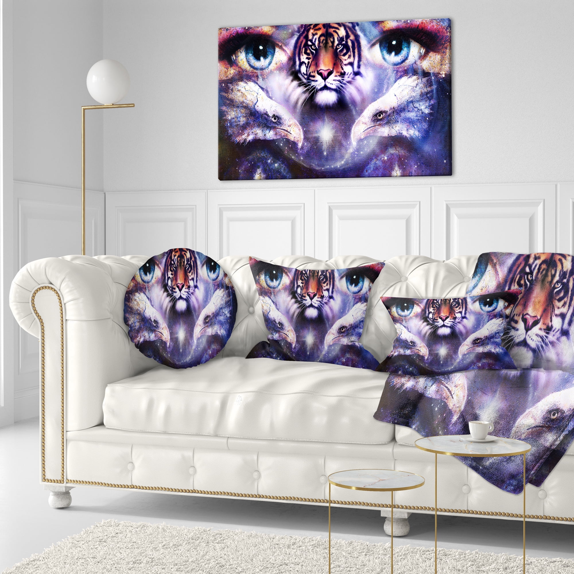 Designart Tiger Eagles and Woman Eyes Collage - Animal Throw Pillow - 12x20