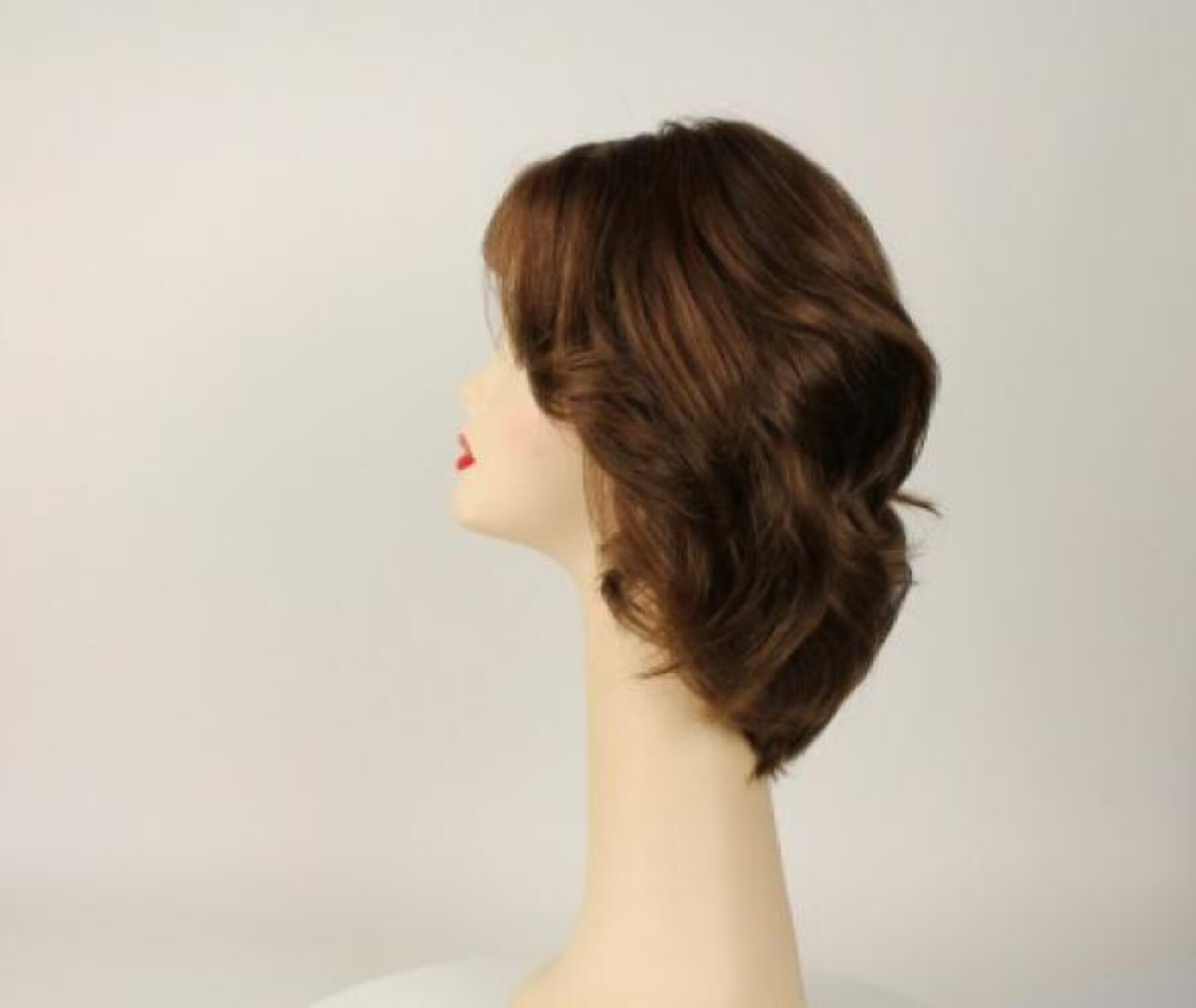 European Human Hair Freeda Wig Regina Brown With Reddish Highlights Multi-Directional Skin Top Size S