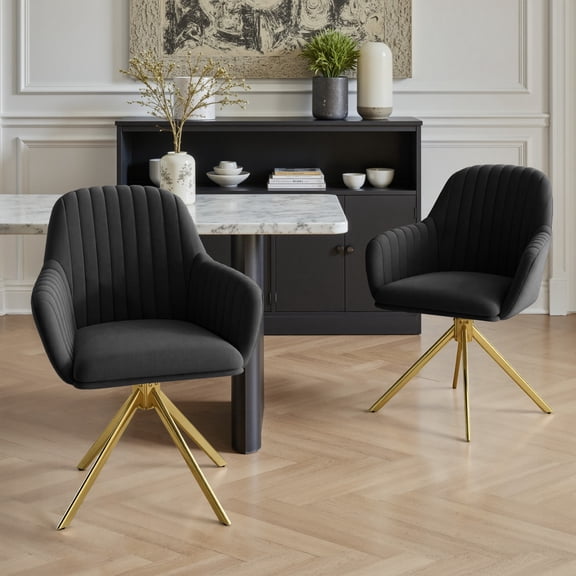 Dining Chairs Set of 2, Black Velvet Swivel with Gold Metal Legs, 360 Degree Rotating, 150 kg Capacity for Kitchen Living Room