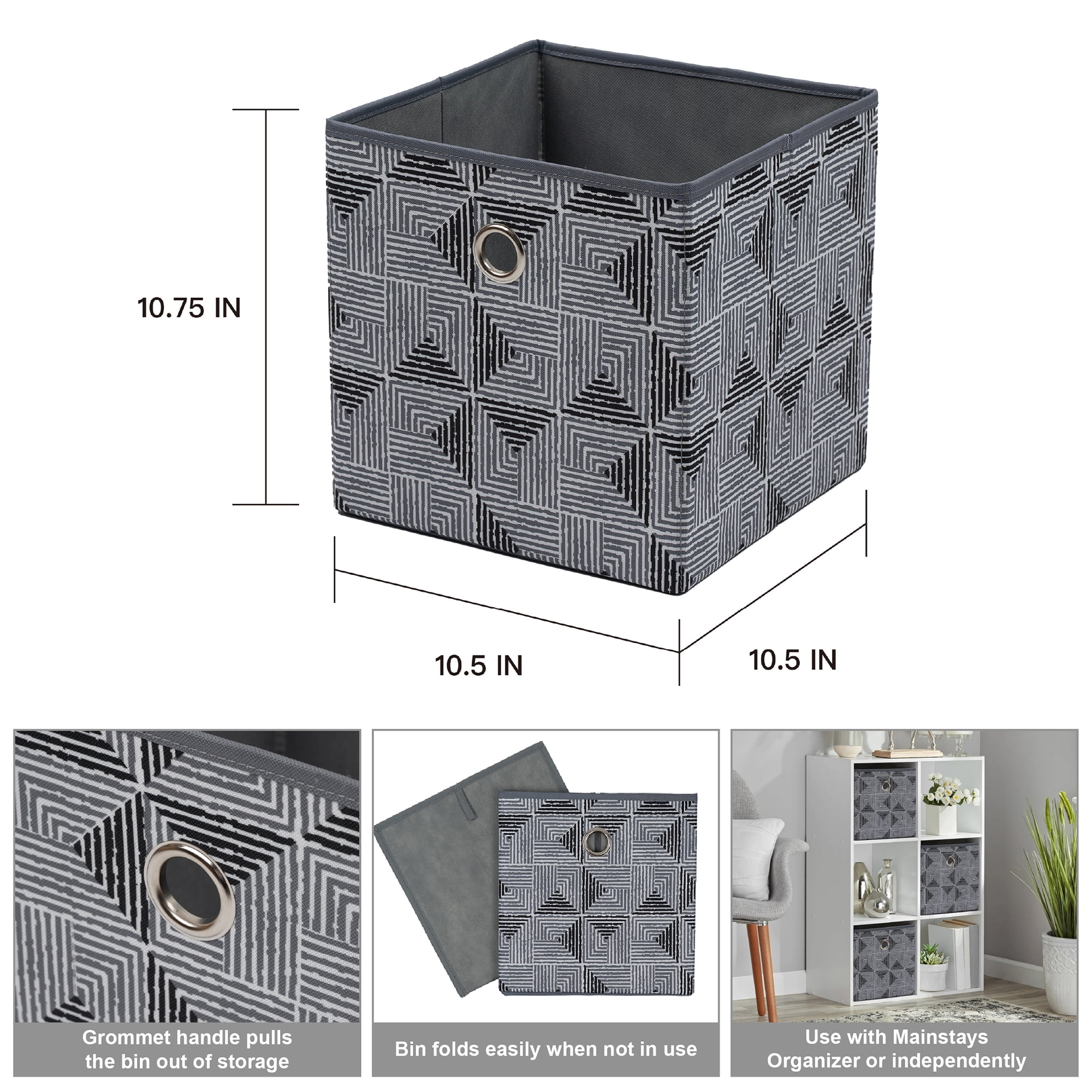 Mainstays Collapsible Fabric Cube Storage Bin, Black/Gray Geometric Pattern, 10.5 x 10.5 x 10.75 Inches