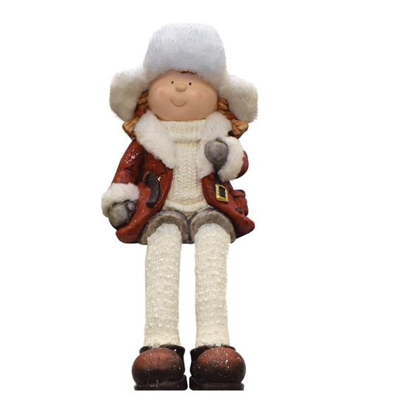 19" Sitting Young Girl in Faux Fur Trapper Hat Christmas Figure