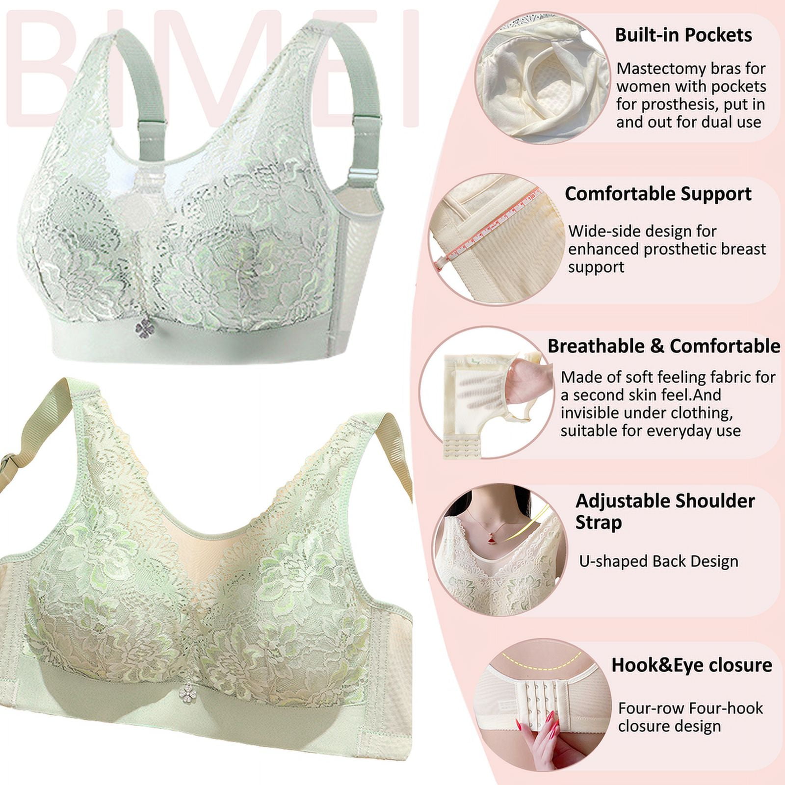 BIMEI Women Mastectomy Bra Breast Prosthesis with Pockets Wirefree Comfort Everyday Bra 2425,Green,44B/C/D/E