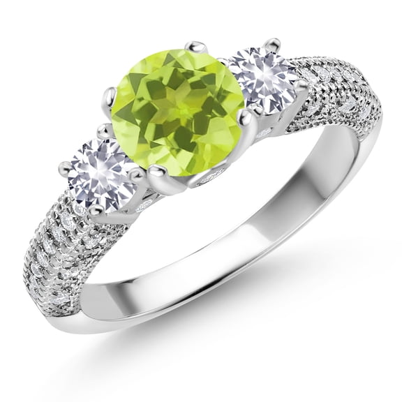 Gem Stone King 925 Sterling Silver Yellow Lemon Quartz White Created Sapphire and White Moissanite Engagement Ring for Women (1.78 Cttw, Gemstone, Round 7MM and 4MM, Size 7)