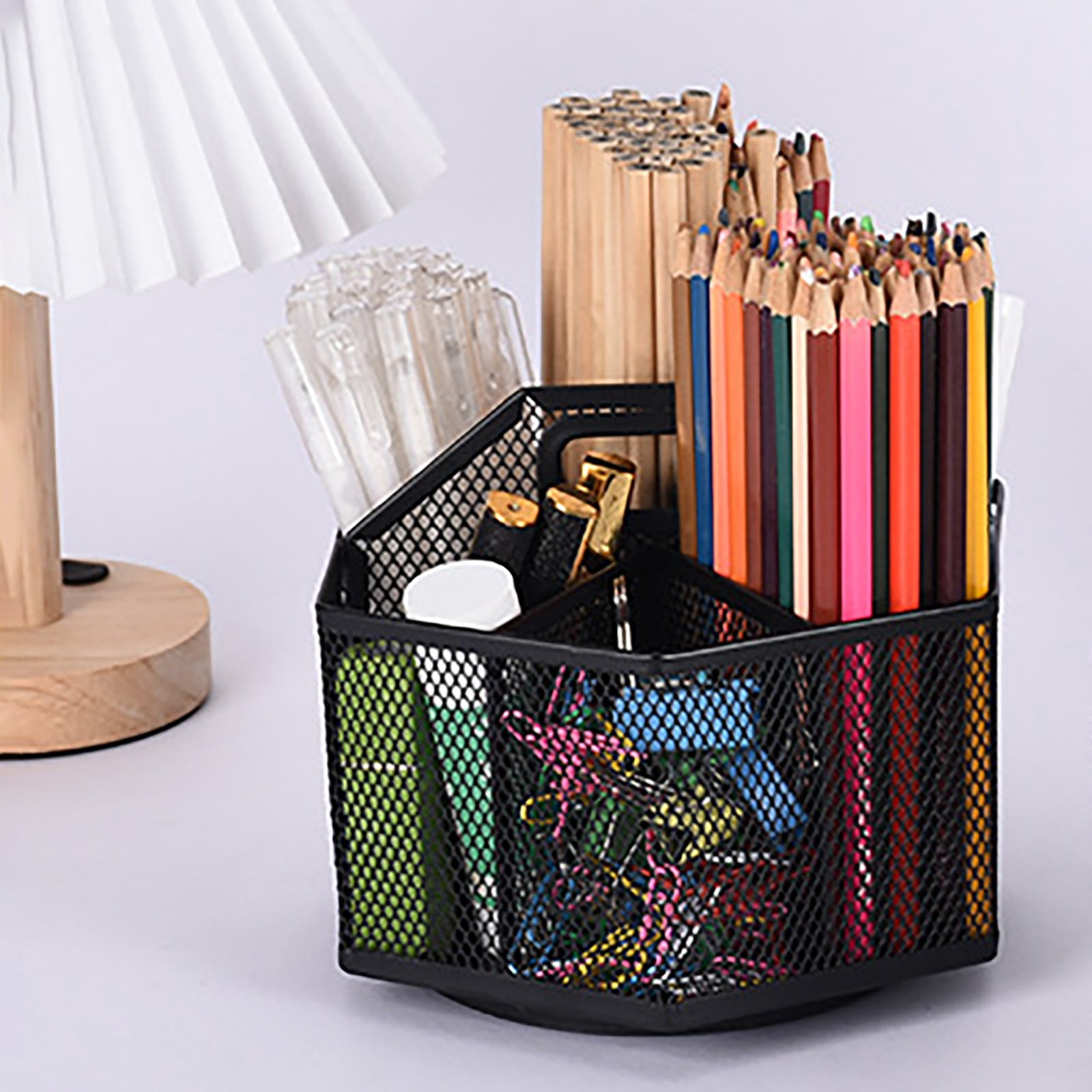 Pencil Holder with Handle, Rotating Desk Organizer, Mesh Desk Organizer Rotate with 6 Compartments – Metal Pen Organizer, Office Desk Accessories, 1 Pcs, 7.09x5.51"(Black)