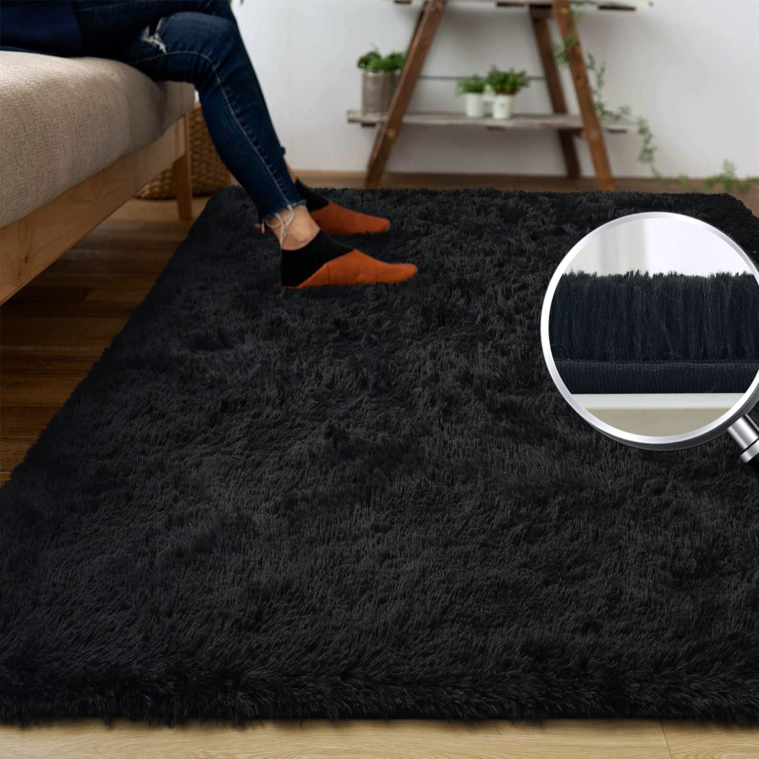 Noahas Fluffy Shaggy Rugs, 3x5 Feet Black Plush Rugs for Girls Bedroom, Soft Kids Room Carpets, Small Bedside Rug, Upgrade Non-Slip Rugs for Children Nursery Dorm Home Decor, Black