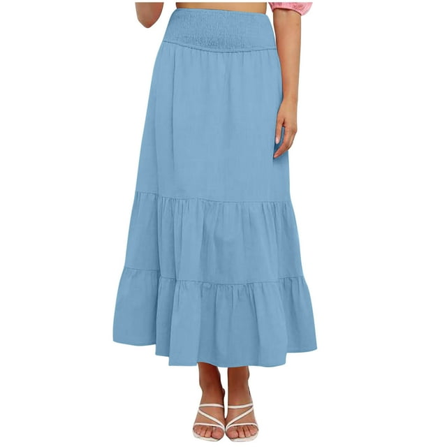 Besolor Maxi Skirts for Women 2025 Summer Elastic High Waist Ruffle Tiered a Line Flowy Beach Boho Long Skirt