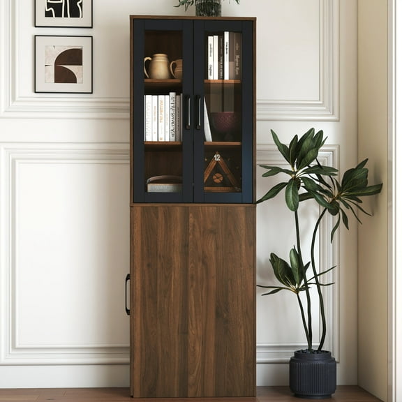 71" Bookcase Bookshelf with 2 Glass Doors, 4 Tier Multi-functional Pull-Out Storage Shelf with 3 Handles, Wooden Freestanding Display Cabinet for Living Room, Bedroom, Office, Walnut