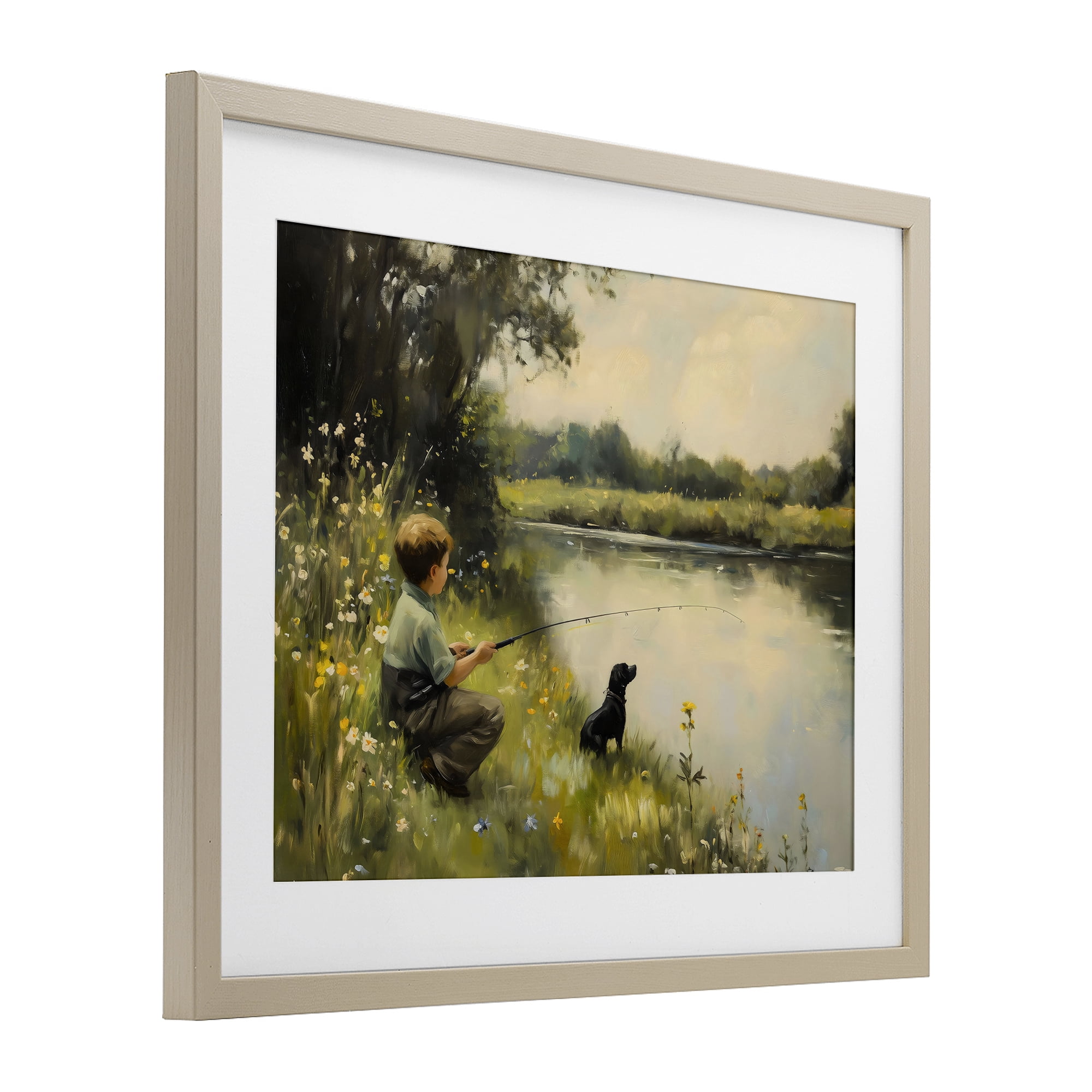 Boy & Puppy Fishing Birch Framed Print Under Glass, design by Arlington Prints