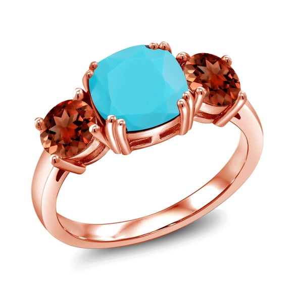 Gem Stone King 18K Rose Gold Plated Silver Green Turquoise and Red Garnet 3 Stone Engagement Ring for Women (4.00 Cttw, Gemstone, Cushion 8MM, Size 8)