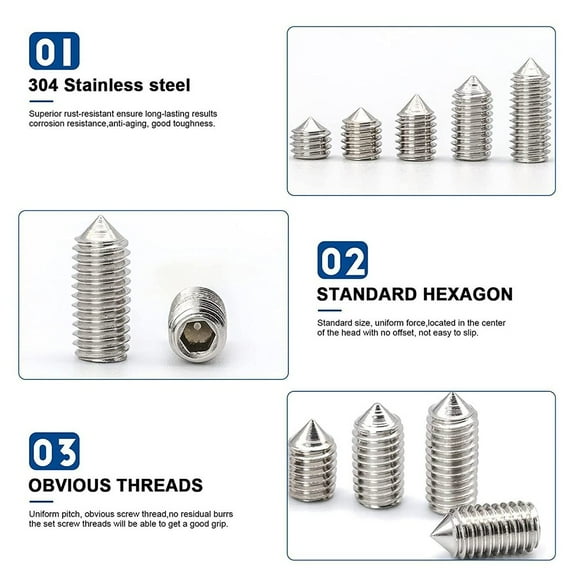 250Pcs 304 Stainless Cone Point Grub Screws Hex Socket Set Screw Kit For M3 M5-M8 YIWEI
